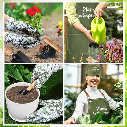 Tarpop Green Garden Tool Set Plant Whisperer Gardening Gifts for Women, 7 Piece Vegetable Planting Tool Kit with Cap Canvas Apron Green Leaf Gloves Soil Scoop Transplant Trowel Cultivator Flower Tub