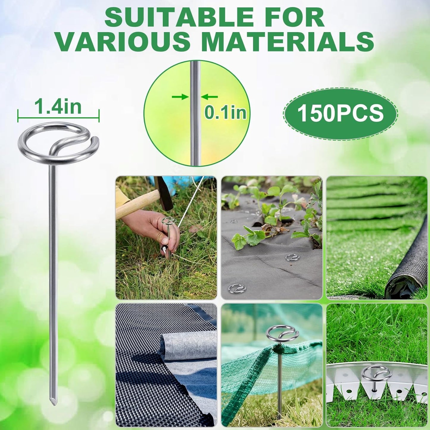 150Pcs Landscape Garden Staples - 6 Inch Circle Landscape Fabric Pins, Strong and Not Easy to Bend, with Hook Tool, Suitable for Outdoor Gardening, Garden, Turf, Fabric