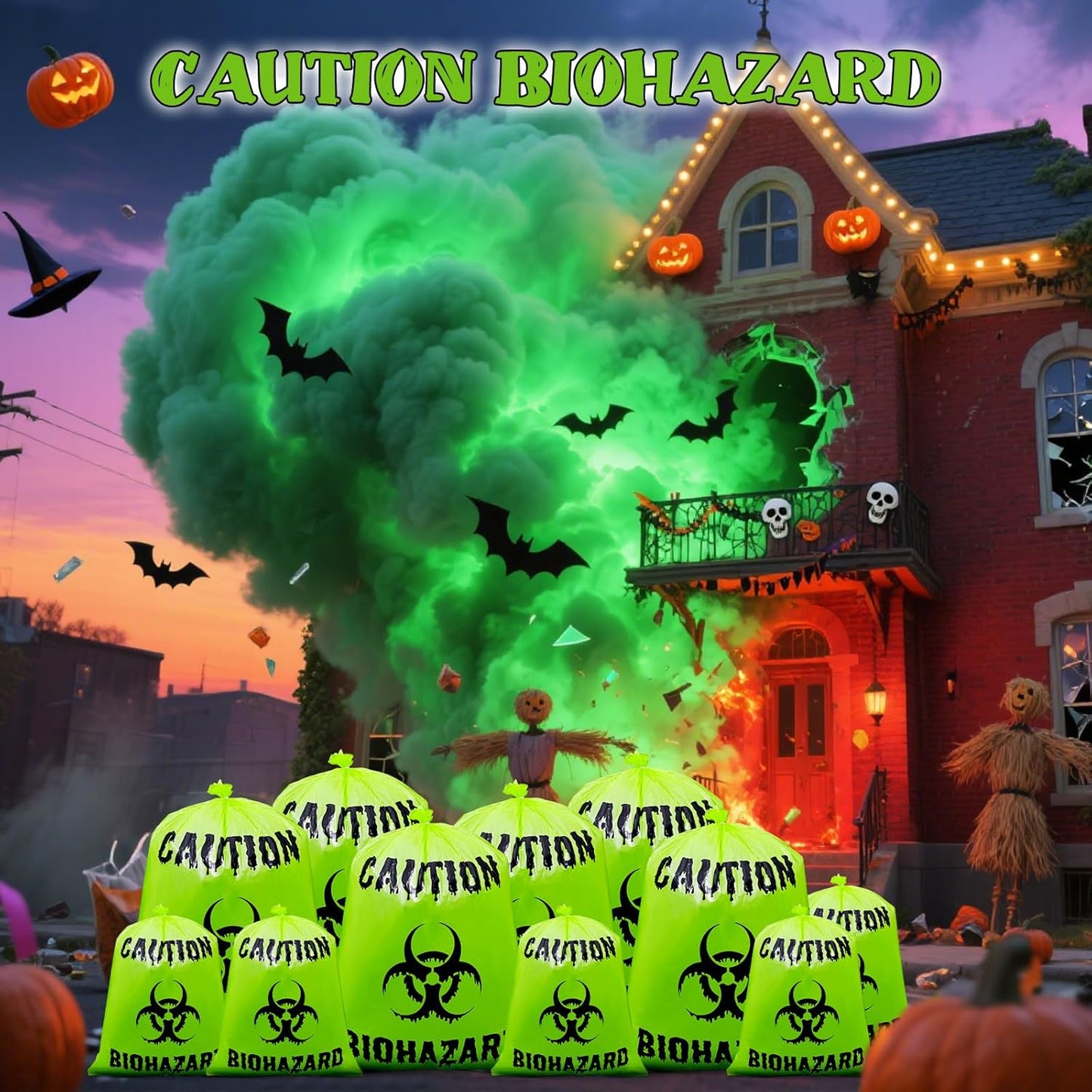 12 Pcs Large Halloween Leaf Bags Biohazard Halloween Decorations Halloween Trash Bags for Leaves Plastic Yard Lawn Waste Bag Scientist Biohazard Bag Outdoor Biohazard Zombie Party Decorations (Green)