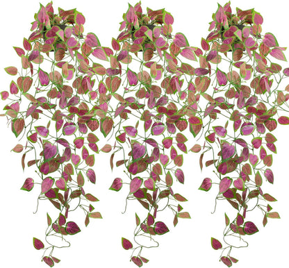 LOYWREE 3 Pack Artificial Purple Ivy Hanging Vine Plants - Small Potted Long Trailing Cascading Foliage, Gothic Home Decor for Indoor/Outdoor, Office, Garden & Shelf (Black Pot Included)