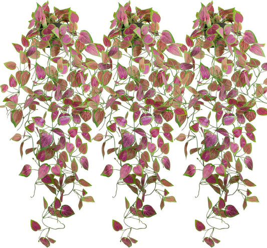 LOYWREE 3 Pack Artificial Purple Ivy Hanging Vine Plants - Small Potted Long Trailing Cascading