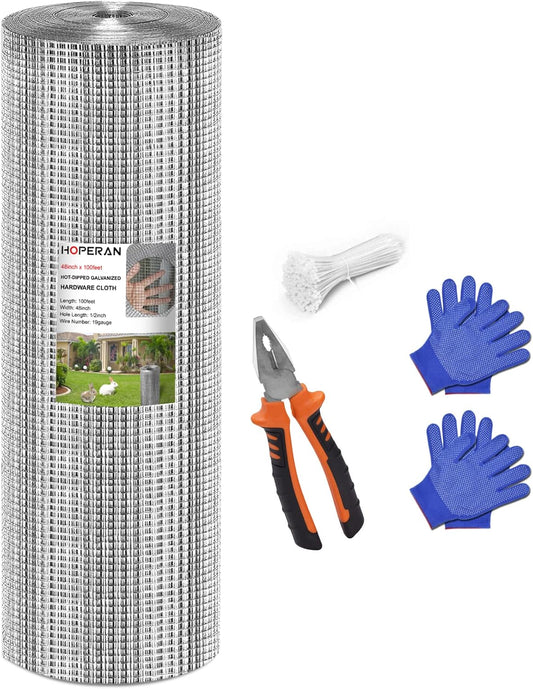 HOPERAN Hardware Cloth 1/2 inch 48 x 100 Ft Mesh 19 Gauge Chicken Wire Fencing - Hot Dipped Galvanized After Welded - Wire Fence Mesh Roll for Garden Fencing Chicken Coop & Pet Enclosures