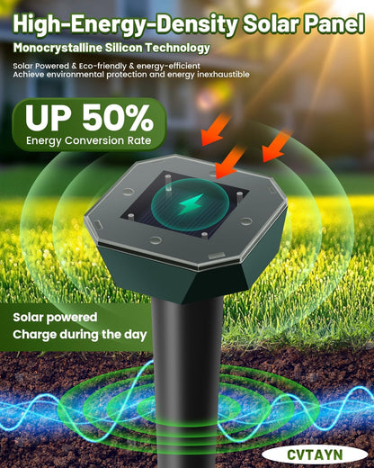 Snake & Mole & Skunk & Rabbit Repellent Solar Powered, Ultrasonic Deterrent, IP65 Waterproof, to Get Rid of Gopher, Groundhog, Rodent, Chipmunk, Raccoon, and Vole for Lawn & Garden, 4 Pack