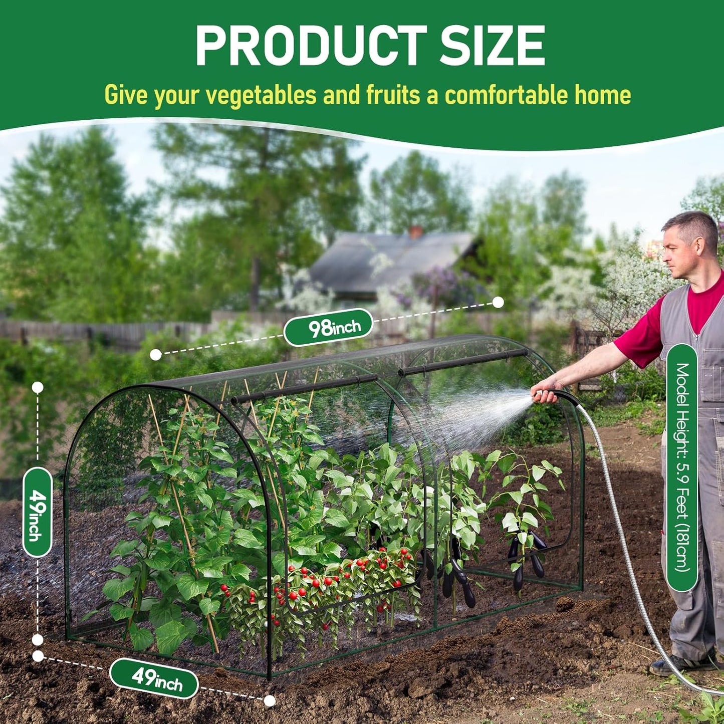 SPECILITE 98x49x49in Garden Plant Netting Mesh Cover for Raised Bed with Roll-up Zipper Door for Vegetables Fruits, Large Tunnel Gardening Net, Black