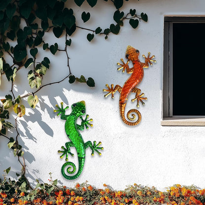 HONGLAND Metal Gecko Wall Art- 15 Inch Lizard Outdoor Decor Hanging Glass Sculpture, 2 Pack Gecko Wall Art Decorations for Garden Fence Home (Green&Orange)