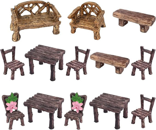 HUIANER Fairy Garden Furniture,13PCS Patio Furniture Miniature Table and Chairs Set Bench Ornaments