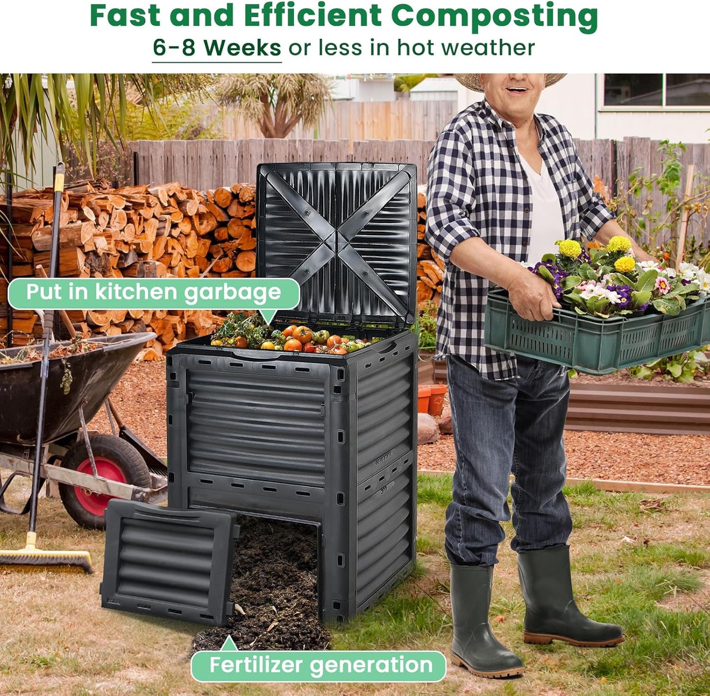 Compost Bin Outdoor, 80 Gallon Garden Compost Bin with Top Lid & Bottom Door, Aerating Outdoor Compost Box Waste Container Barrel Fertilizer for Garden & Yard (Black)