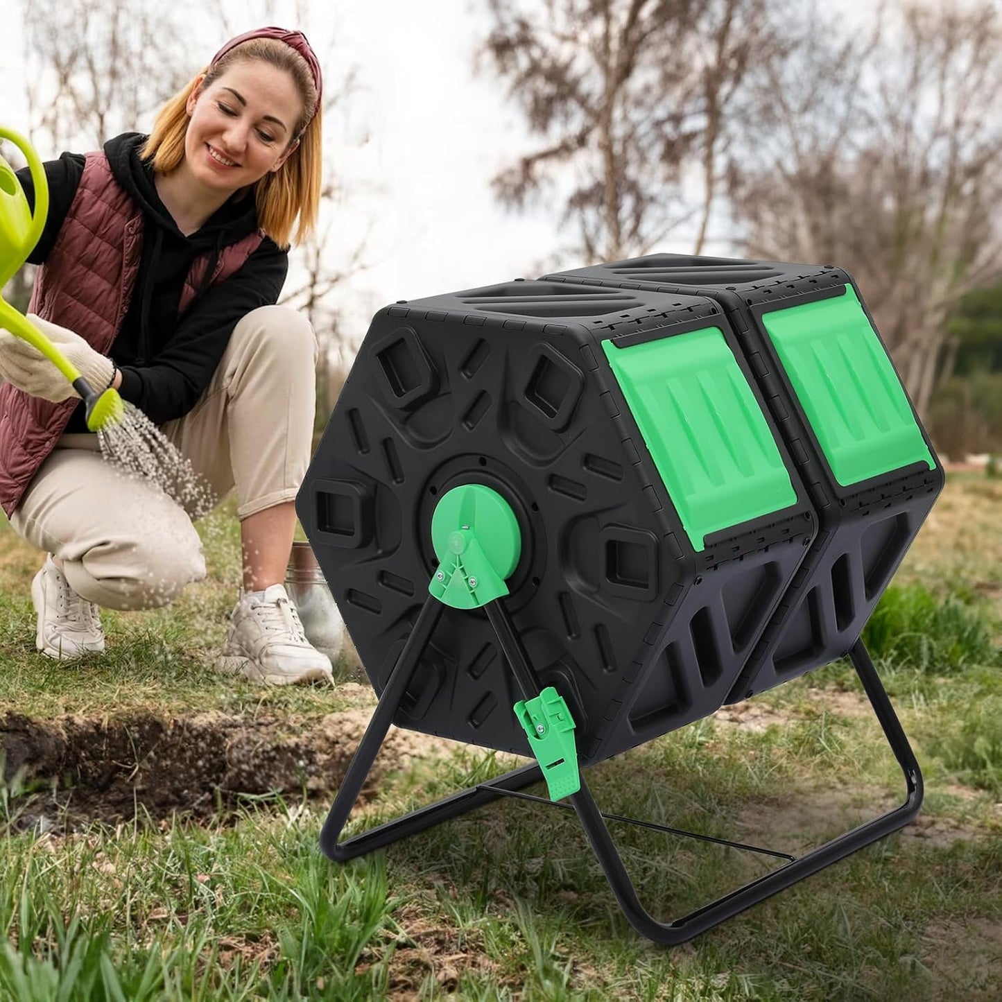 MoNiBloom 34 Gallon Compost Bins Outdoor Dual Chamber Composter Tumbler, All-Season Fast Working Tumbling Composter, High Volume Composter with 2 Sliding Doors