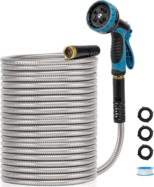 Metal Garden Hose 100 FT, Stainless Steel Hose, Water Hose with 10 Function Nozzle, No Kink & Tangle, Easy to Use & Store, Heavy Duty Lightweight Outdoor Hose