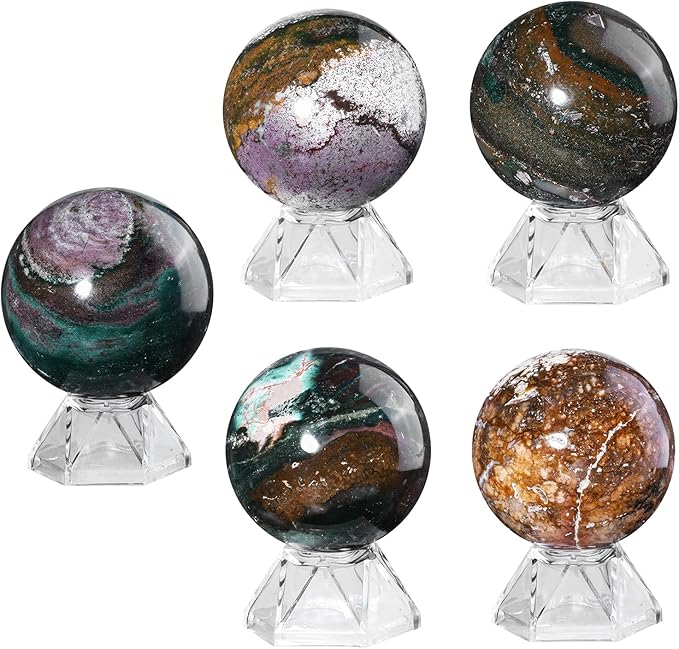 Natural Ocean Jasper Crystal Ball with Acrylic Display Base, 51-60mm Polished Stone Feng Shui Crystal Sphere Meditation Decoration for Home & Office