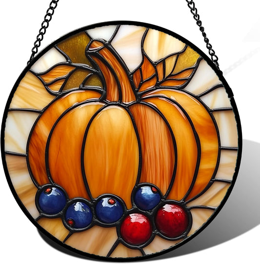 Stained Glass Window Hanging Fall Pumpkin Berries 9.8" - Suncatcher Door Garden Kitchen Sunroom Sun Catcher Autumn Home Decor Birthday for Mom Grandma Men Woman