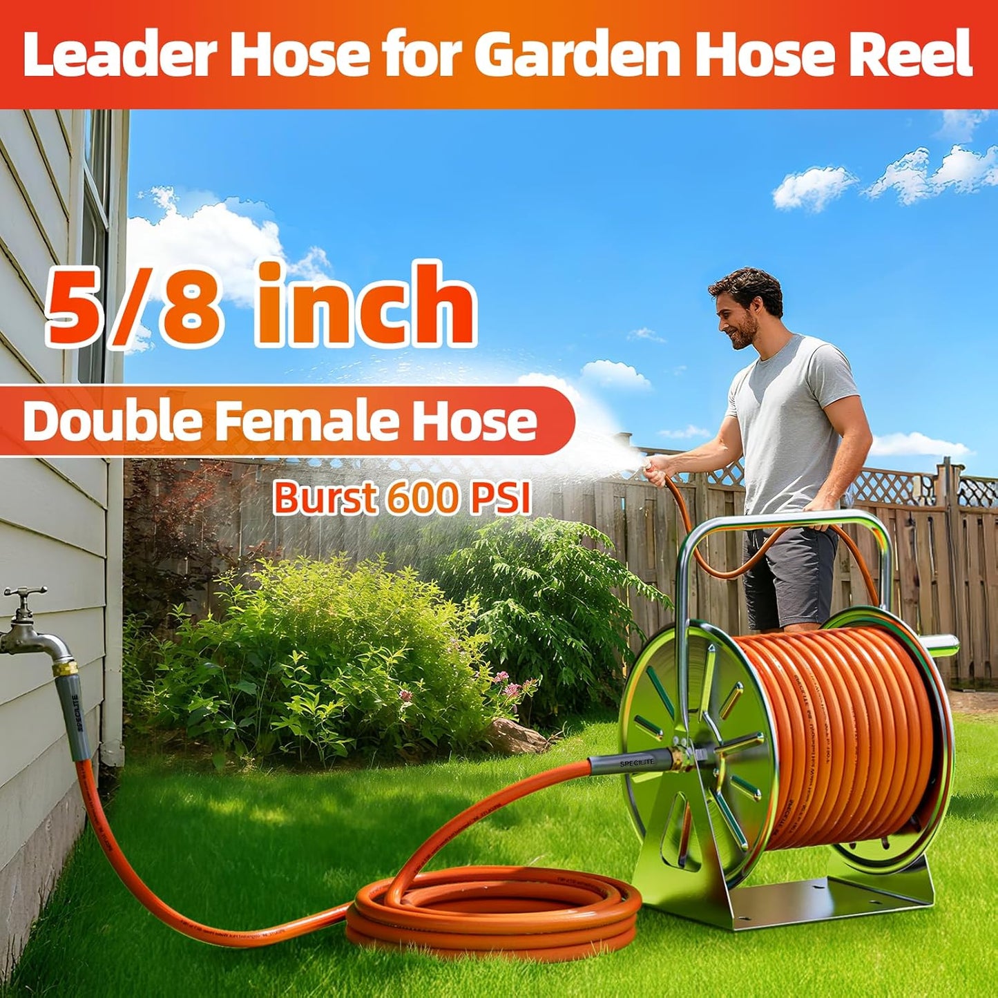 SPECILITE Garden Water Hose 20 ft x 5/8 in with Female to Female Connector, Small Leader Hose for Hose Reel, Heavy Duty, Flexible & Lightweight, Water Pipe, Outdoor Water Hose Extension Adapter