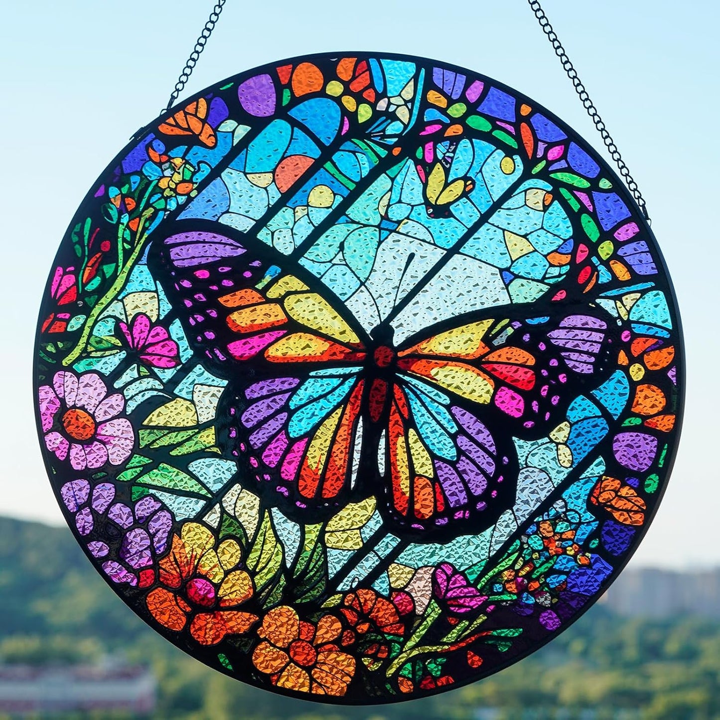 Stained Glass Window Hanging - Butterfly Suncatchers for Indoor Windows, Butterfly Stained Glass Decor for Home, Garden, Cottage, Sun Catcher Gift for Women (12 Inch)