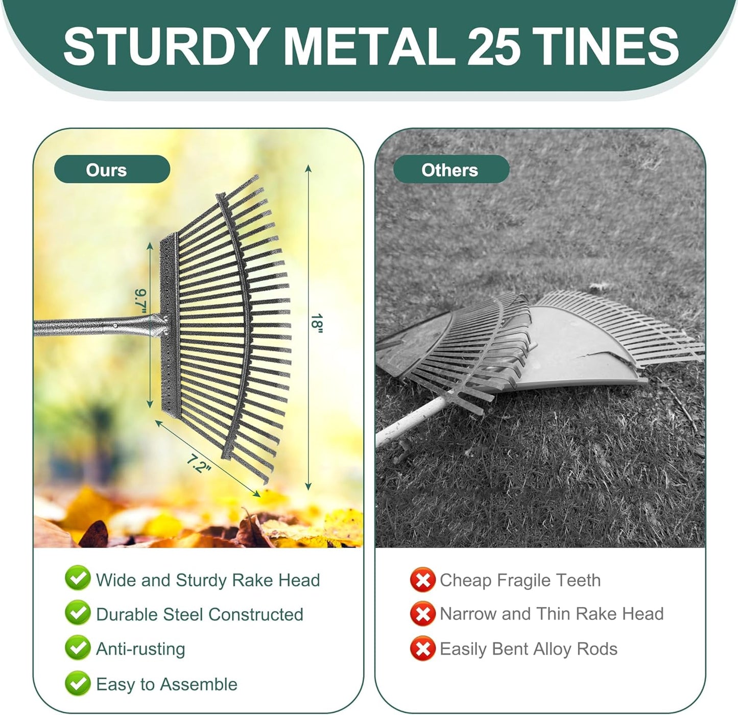 Adjustable Garden Leaf Rake Set, 18" Wide, 25 Tines, 37-79" Handle Metal Leaf Rake with 2 Pack 32 Gallons Leaf Bags and Scoops. Heavy Duty Graden Rakes Set for Lawn, Grass, Shrubs, Flower Beds