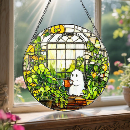 8'' Halloween Ghost Greenhouse Sun Catcher Ornament, Stained Glass Window Hanging, Sun Catchers for Windows Hanging Ornaments, Window Decor, Holiday Present, Ideal Gift | Plant Lovers Gifts