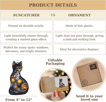 Celestial Cat Acrylic Suncatcher Stained Glass Effect Window Car Hanging Christmas Ornament Indoor Outdoor Decor Garden Sun Catcher Panel Gifts for Cat Lover for Women Mom Grandma