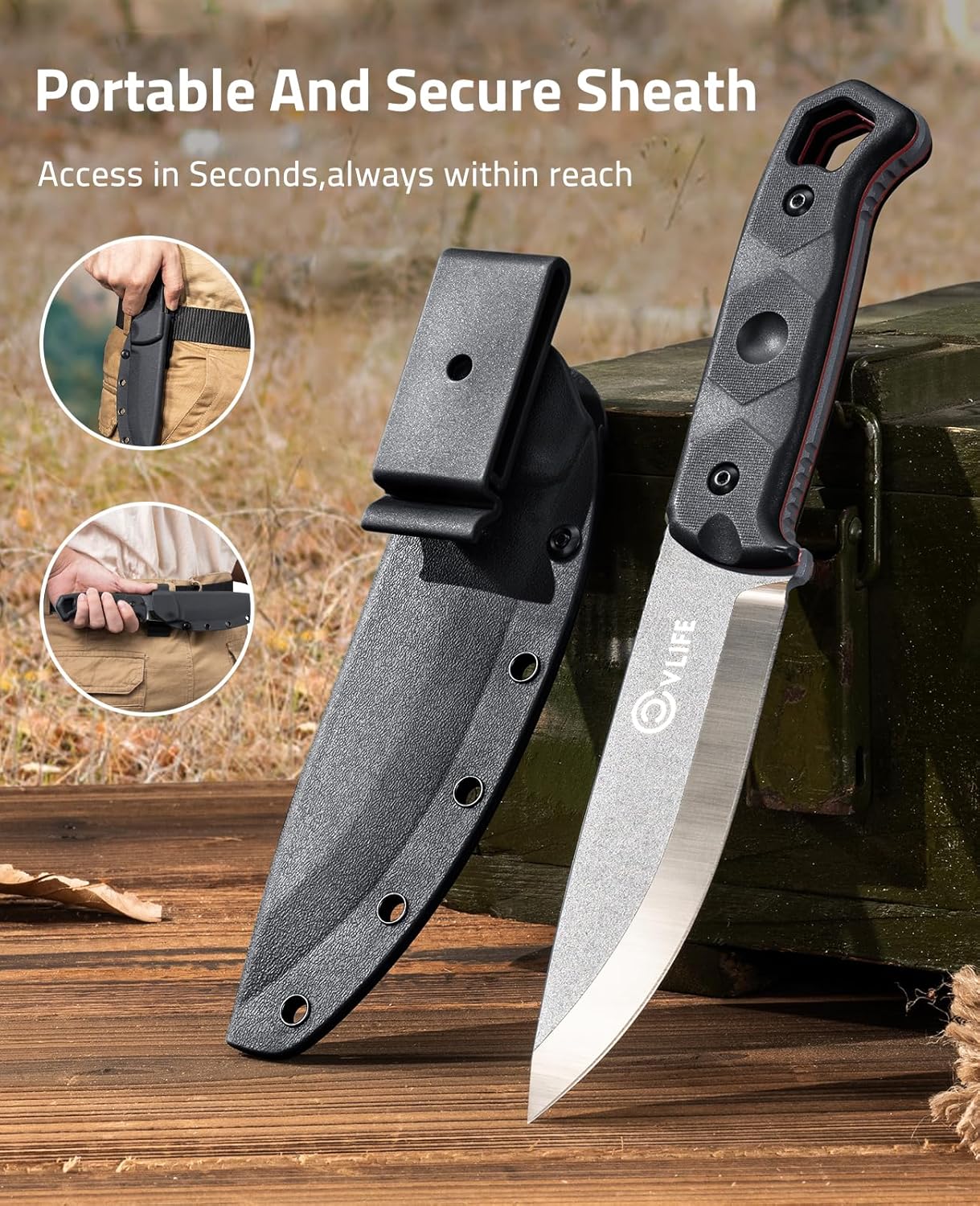 CVLIFE Full Tang Fixed Blade Knife with Sheath,Sharp Blade Made of D2 Steel with Nylon Fiberglass Handle,Survival Knife for Men Outdoor Hunting Camping and EDC Bushcraft,Black