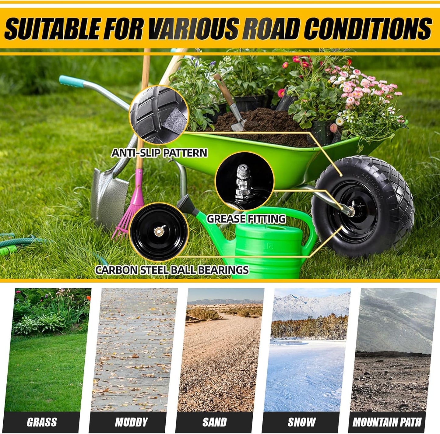MZREXN 4.80/4.00-8" Flat Free Tire and Wheel, 16" Universal Solid Wheelbarrow Tires, with 5/8" & 3/4" Bearings, 3" Centered Hub for Hand Truck Garden Trailers Utility Cart Yard Wagon (2-PACK, Black)