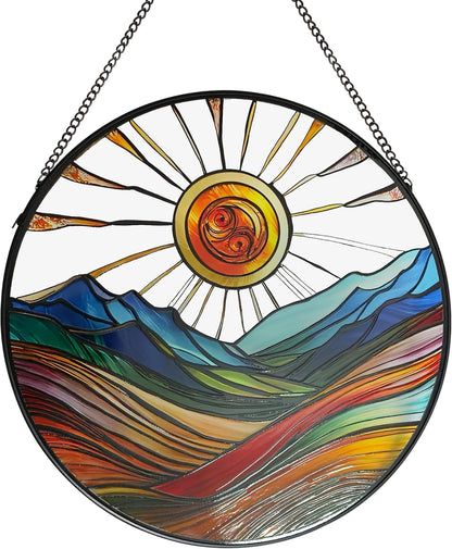 Sun Mountains Stained Glass Window Hanging, 9.8’’Sun Catcher Glass Panel Boho Wall Art Decor with Chain, Hand Painted Round Glass Gifts for Couples, Housewarming Gift