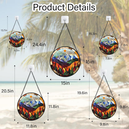 Stained Glass Window Hanging Orange Sun Colorful Mountains Landscape 9.8" - Suncatcher Door Garden Sun Catcher Home Decor Birthday Christmas for Mom Men Woman Friend