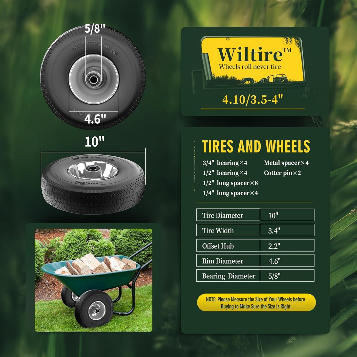 (2 Pack) 4.10/3.50-4 Flat Free Tire and Wheel 10-Inch Solid Wheel Replacement with 5/8 Extra 3/4 &1/2 Bearings,2.2" Offset Hub -Compatible with Hand Truck,Wheelbarrow(Wave,Gray)