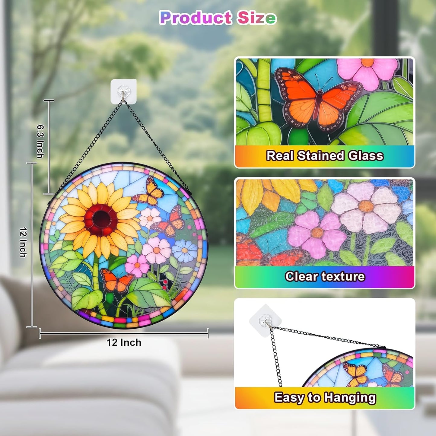 Sunflower Stained Glass Window Hanging Suncatcher – Round Floral Glass Panel for Window, Garden, Wall Decor – Sunflower Gift Suitable for Birthdays and Mother's Day (12 Inch)
