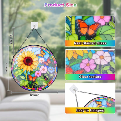 Sunflower Stained Glass Window Hanging Suncatcher – Round Floral Glass Panel for Window, Garden, Wall Decor – Sunflower Gift Suitable for Birthdays and Mother's Day (12 Inch)