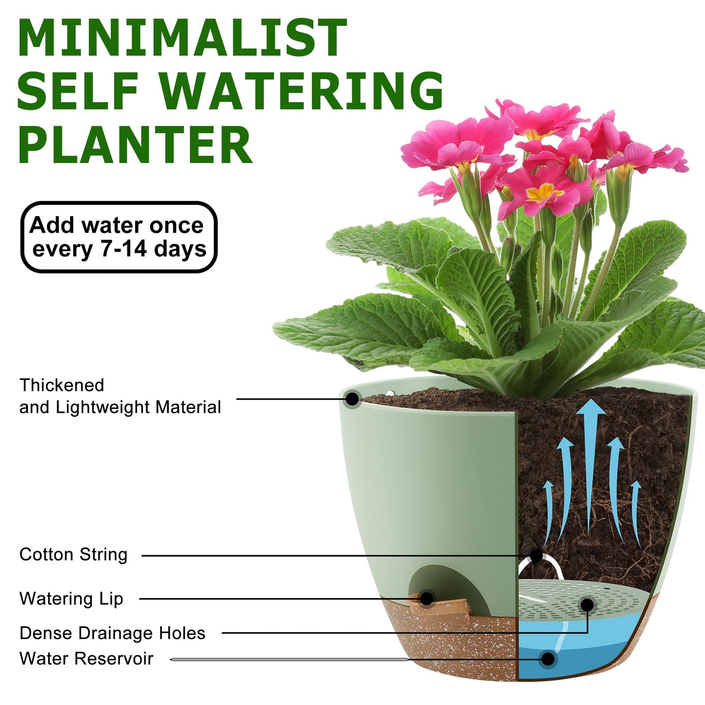 QRRICA Plant Pots 10/9/8/7.5/7 Inch Self Watering Pots, Set of 5 Plastic Planters with Drainage
