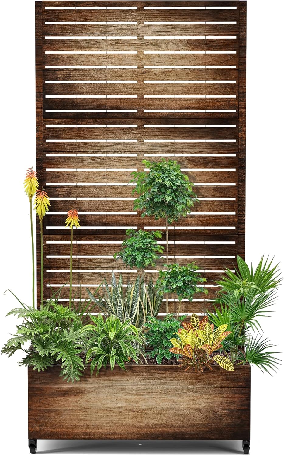 15.7"×70.9"×35.4" Metal Raised Garden Bed with Trellis and Wheels - Tall Trellis Planter Box for Climbing Plants, Vegetables & Vines - Outdoor Privacy Planters for Patio (Vintage Wood Grain)