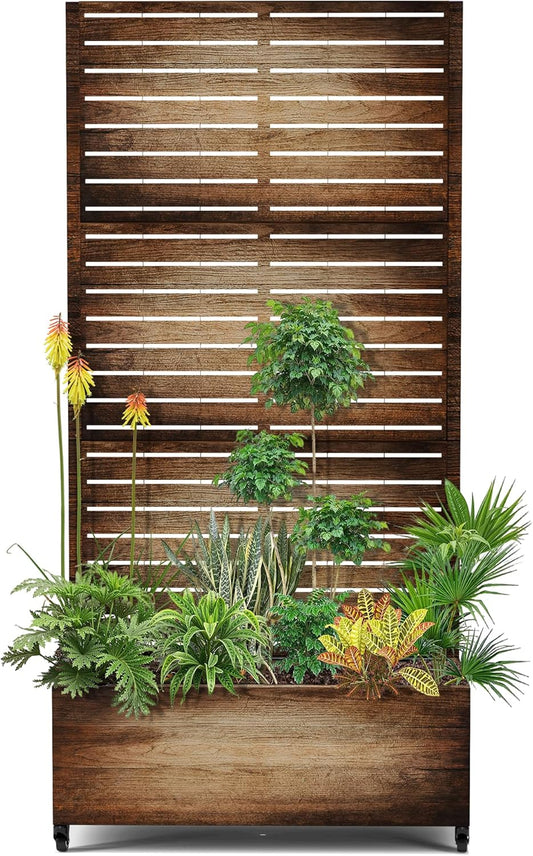 15.7"×70.9"×35.4" Metal Raised Garden Bed with Trellis and Wheels - Tall Trellis Planter Box for Climbing Plants, Vegetables & Vines - Outdoor Privacy Planters for Patio (Vintage Wood Grain)