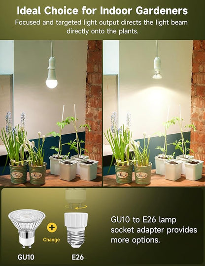 6W LED GU10 Grow Light Bulb, Natural White 4000K Full Spectrum Plant Light for Indoor Plants, E26 Base, 6 Pack