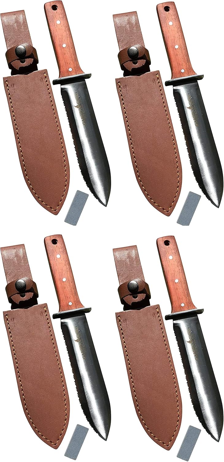 Garden Guru Hori Hori Garden Knife Supreme Set for Weeding, Digging, Pruning, and Cultivating - Stainless Steel Full Tang Blade | Marks for Measuring Planting Depth | Premium Leather Sheath (4 Pack)