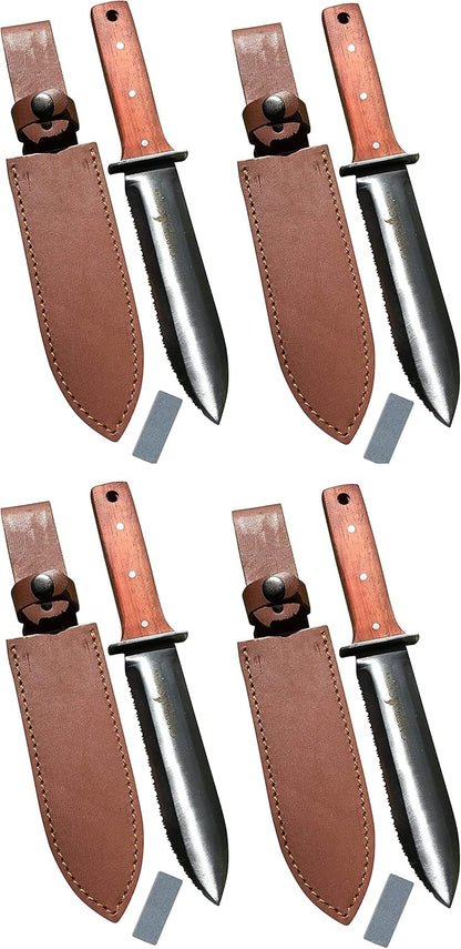 Garden Guru Hori Hori Garden Knife Supreme Set for Weeding, Digging, Pruning, and Cultivating - Stainless Steel Full Tang Blade | Marks for Measuring Planting Depth | Premium Leather Sheath (4 Pack)