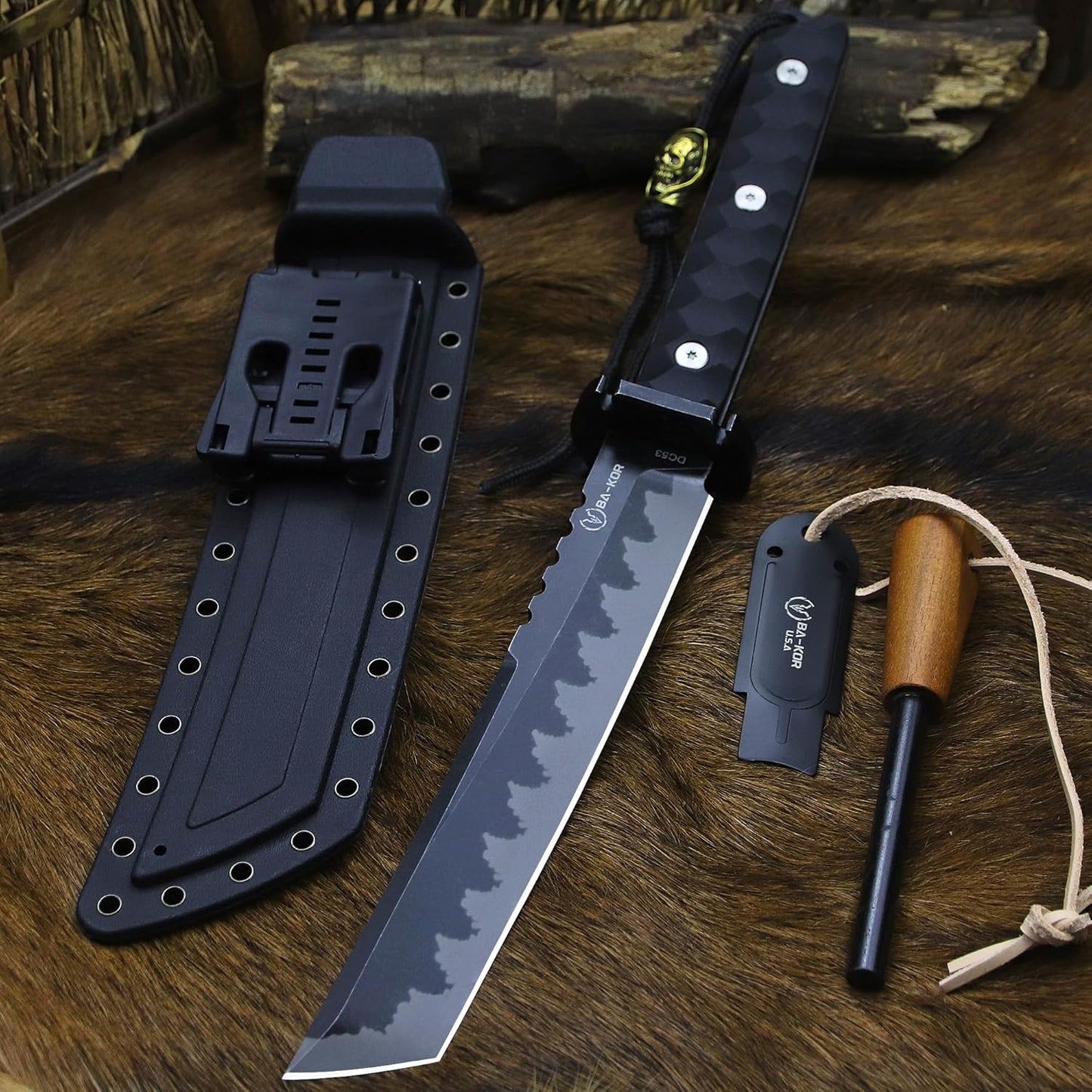 BA-KOR 15.8in Full Tang Japanese Style Outdoor Knife –8mm DC53 Steel, Nylon Fiber Handle &Sheath, Hunting Survival Knife+(5.9in) cerium igniter (Black handle and black blade (8mm))