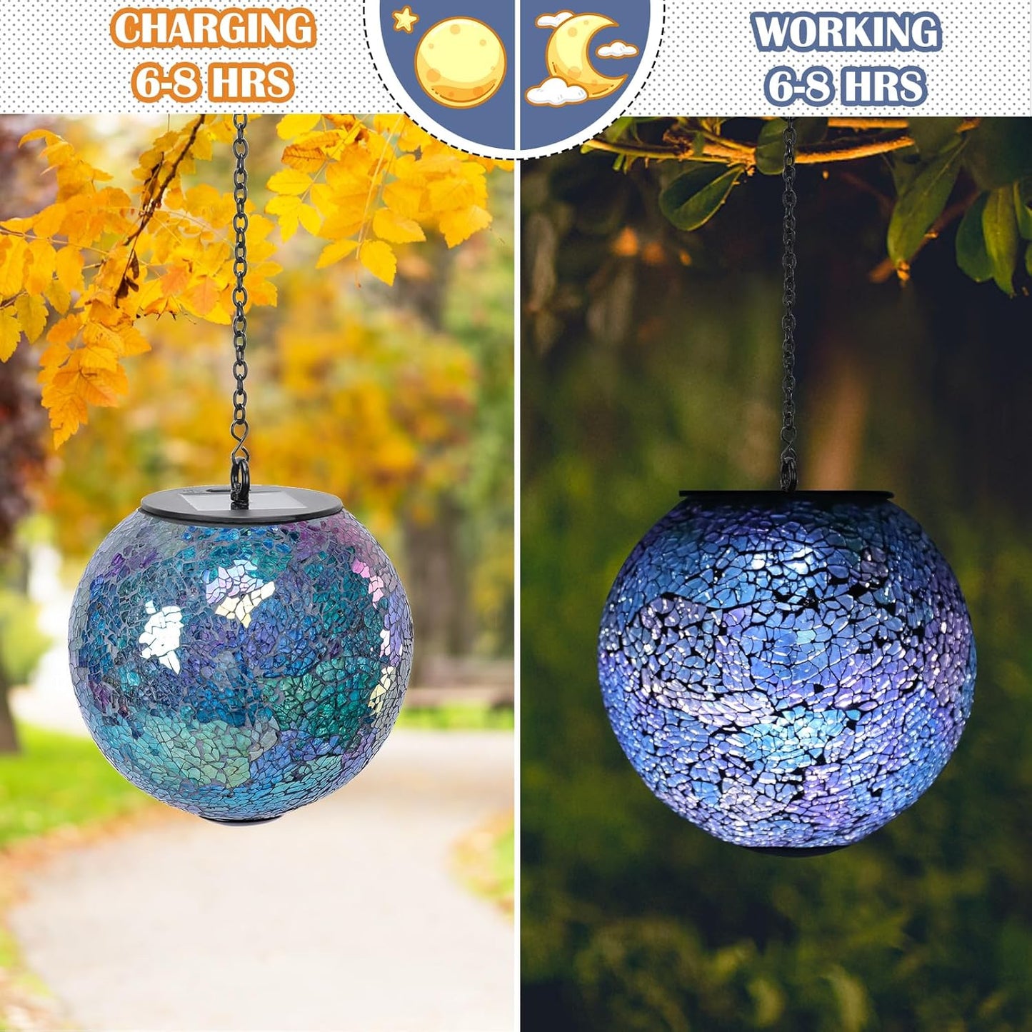 Solar Hanging Lantern Solar Outdoor Lanterns Mosaic Gazing Ball Outdoor Hanging Lights Outdoor Lights Waterproof Garden Patio Pathway & Yard Décor Blue