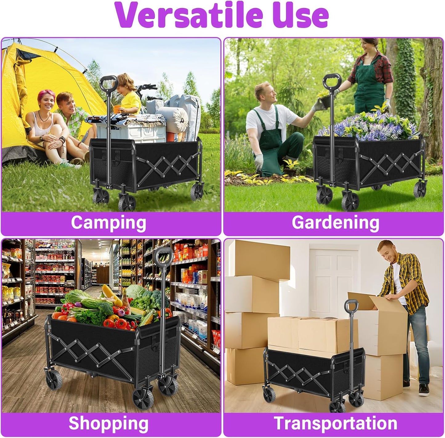 Wagons Carts Foldable,360 LBS Large Capacity Foldable Wagon Cart Collapsible Wagon with Wheels & Drink Holders,Utility Folding Cart for Camping Garden Beach Picinic Grocery Outdoor Shopping(Black)