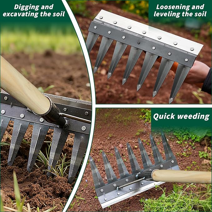 7-Pronged Heavy-Duty Garden Tiller Featuring a Wooden Handle,Iron Weed Puller Tool,New Spray-Painted Iron Manual Weed rake,Gardinia uprooting Tool,Suitable for Lawn and Garden