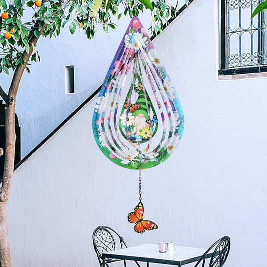 Gnomes and Butterfly Hanging Wind Spinners, Outdoor 3D Metal Sculptures for Garden and Yard Decoration Large Wind Spinner with a 360° Rotating Hook, Gifts for Women Mom Grandma Wife