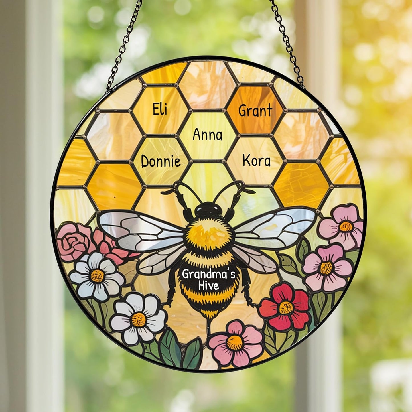 NAZENTI Personalized Grandma's Garden Stained Glass Suncatcher with Birth Month Flowers, Custom Nana's Garden Bee Window Hanging Ornament, Mothers Day Grandma Mom Gifts, Gifts for Nana Mimi