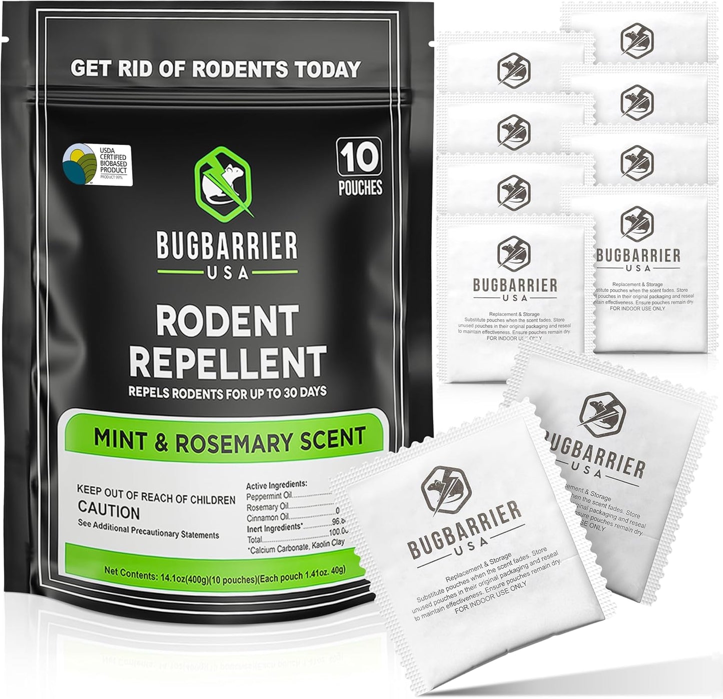 BugBarrier's Extra-Strength Mouse Repellent Deterrent Pouches, USDA 99% Biobased, Peppermint & Rosemary Oils Repel Mice Nesting in Car, RV, Boat, Garage, Shed, Cabin Made in The USA (Pack of 10)