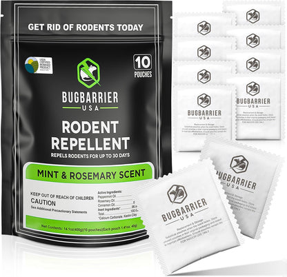 BugBarrier's Extra-Strength Mouse Repellent Deterrent Pouches, USDA 99% Biobased, Peppermint & Rosemary Oils Repel Mice Nesting in Car, RV, Boat, Garage, Shed, Cabin Made in The USA (Pack of 10)