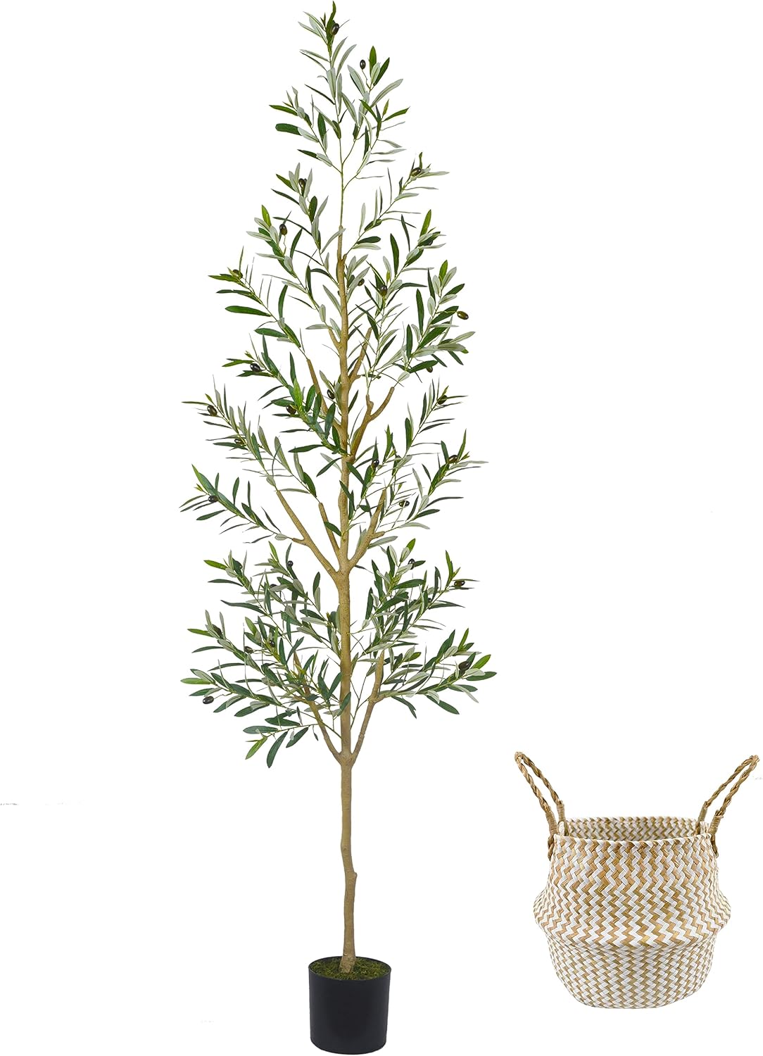 7.8ft (93”) Artificial Olive Tree, Tall Fake Olive Plant with Basket, Indoor Outdoor Faux Olive Silk Tree for Home Livingroom Office Floor Decor (Natural Green Leaves)