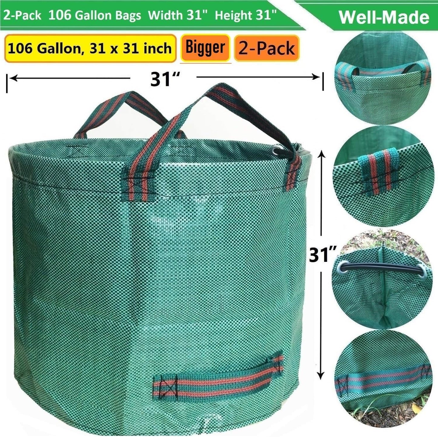 Professional 2-Pack 106 Gallon Large Lawn Garden Bags (D31, H31 in) Yard Waste Bags with Gardening Gloves, Big Leaf Bag,Yard Debris Bags,Garden Trash Container,Lawn Grass Clippings,Weeds Bag 4 Handles