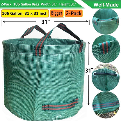Professional 2-Pack 106 Gallon Large Lawn Garden Bags (D31, H31 in) Yard Waste Bags with Gardening Gloves, Big Leaf Bag,Yard Debris Bags,Garden Trash Container,Lawn Grass Clippings,Weeds Bag 4 Handles