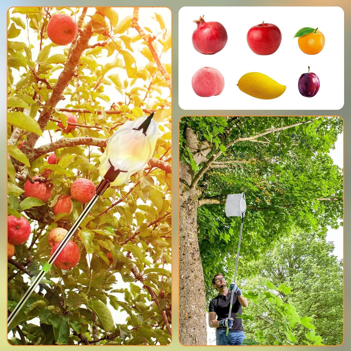 Fruit Picker Pole 5 FT Adjustable Pole with Soft Bag Fruit Catcher Equipment Tree Picker with Fruit Storage Bag for Apples Mango Pear Orange Avocados Fruit Picking(1.6 m/5.25ft)