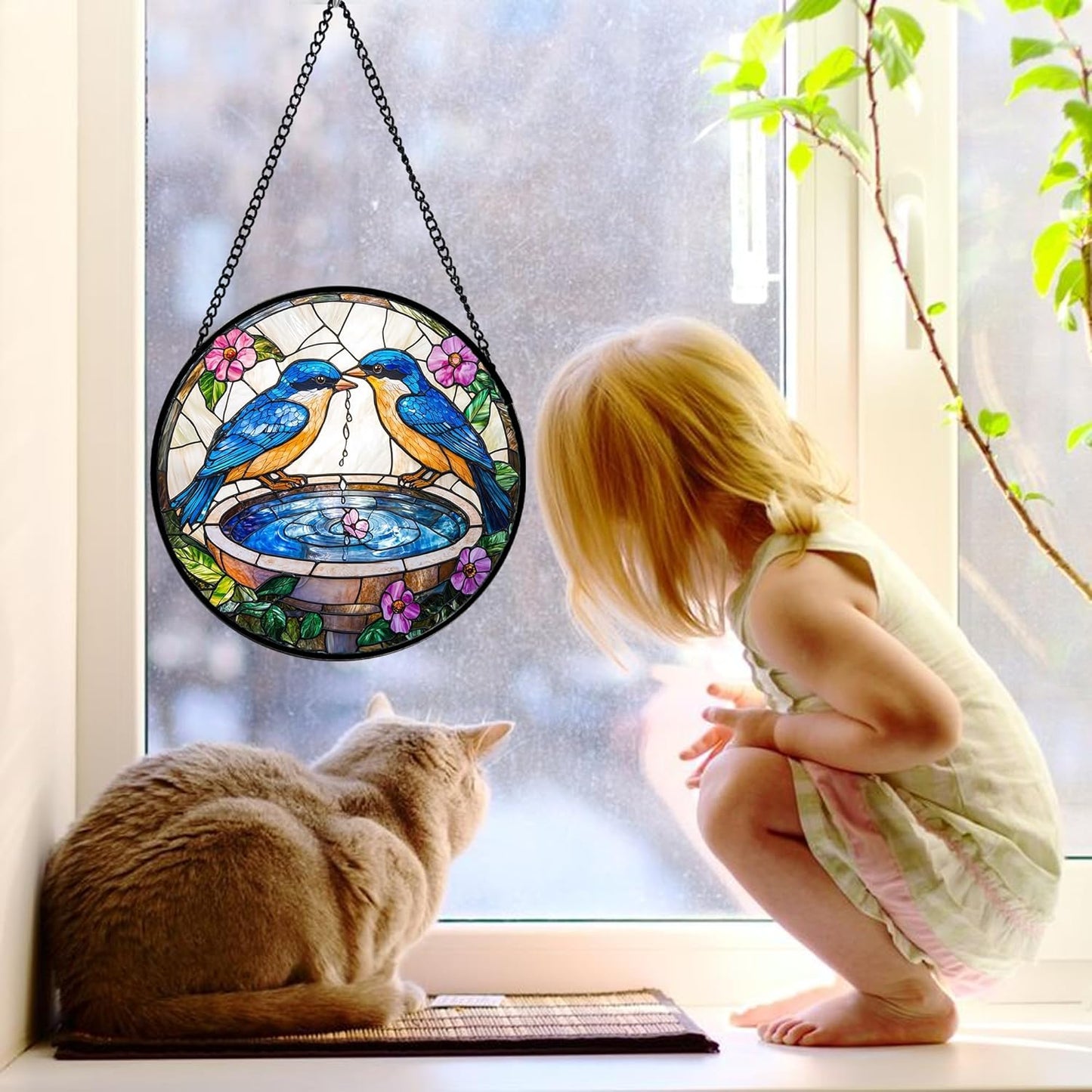 Stained Glass Window Hanging, 2 Blue Birds Suncatcher Diamond Glass Panel Hangings Bird Lover Sun Catchers Decor for Birthday for Women, Men, Wife, Aunt, and Mom 9.8 in