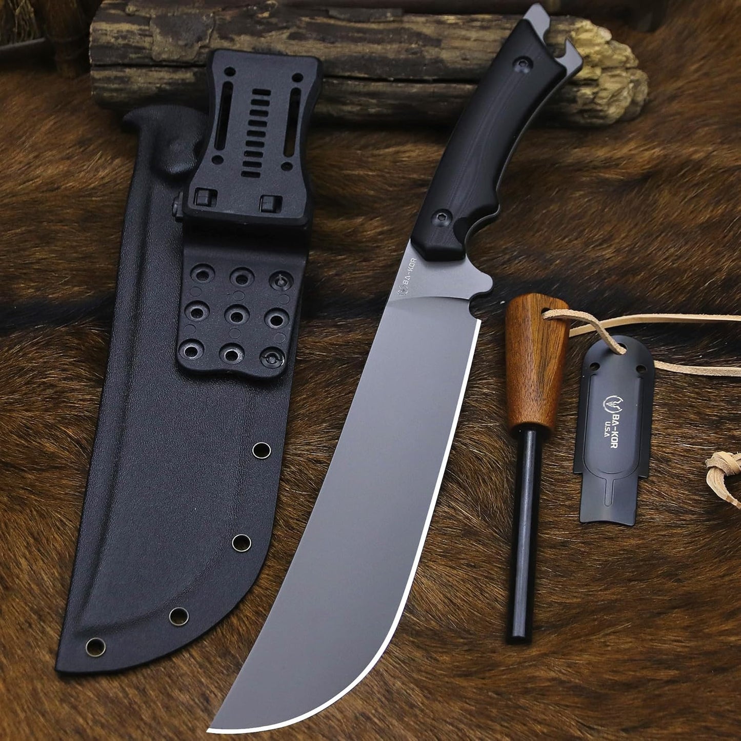 BA-KOR 5MM Full Tang (9CR18MOV) steel 14.1-inch chopping knife+K sheath&5.9-inch cerium igniter can be used for outdoor hunting, camping, obstacle removal, barbecue, fishing, kitchen cutting EDC， Gift giving