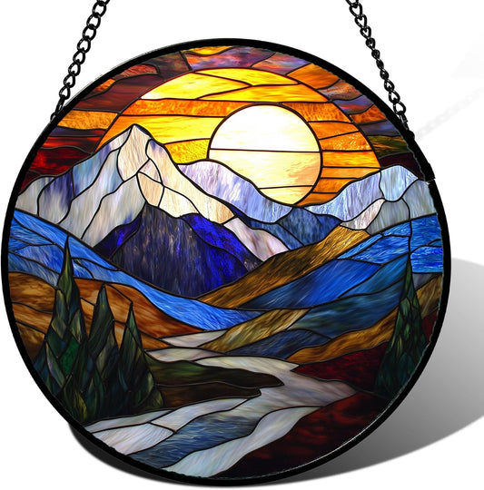 Stained Glass Window Hanging, Yellow Blue Sunset Mountains Scenery Sun Catcher for Window Home