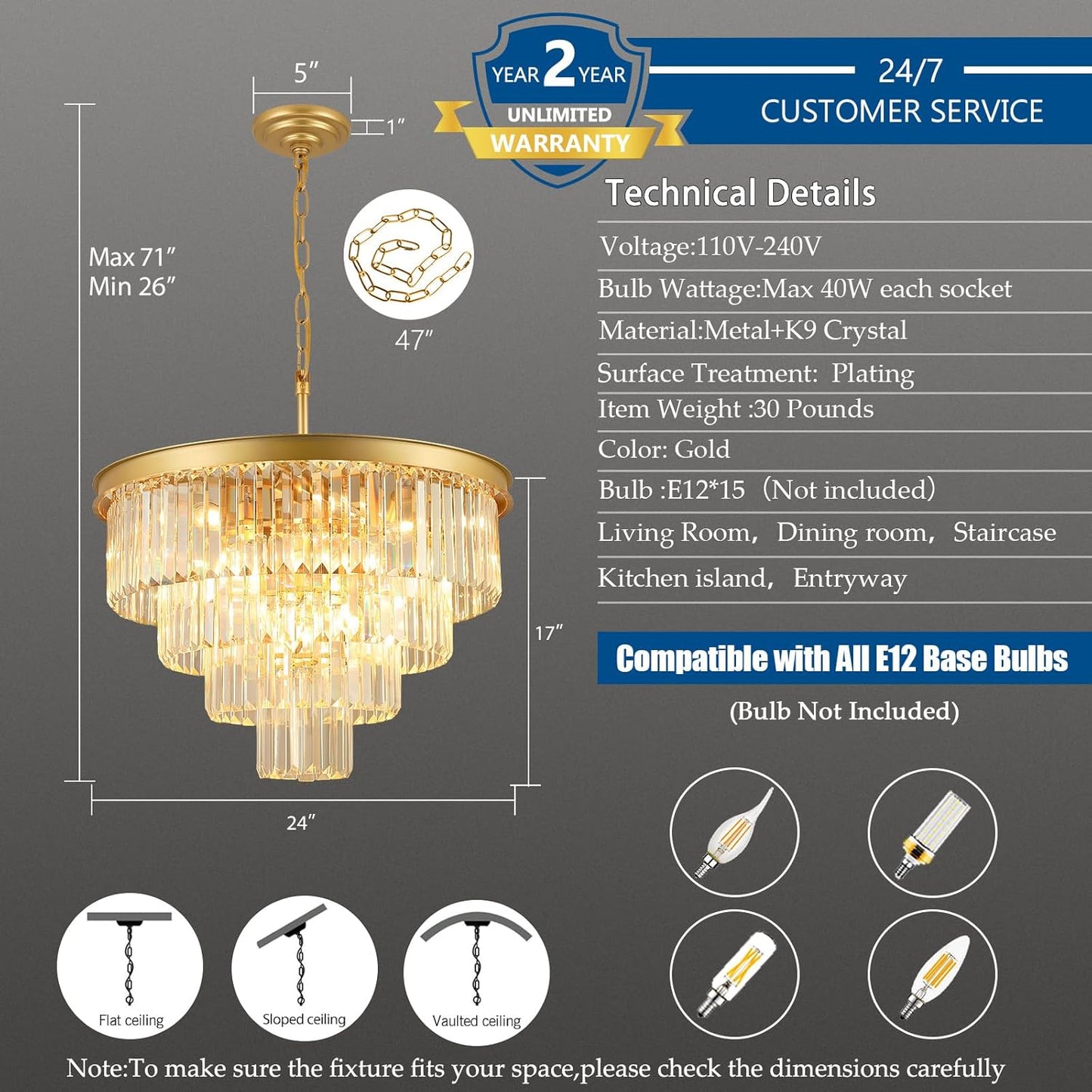 Crystal Chandeliers for Dining Room Lights Fixture Over Table, 15 Lights Gold Modern Chandeliers for Living Room, 4-Tier Round Crystal Lighting Fixtures for Bedroom Entryway Kitchen Island D24 Inch