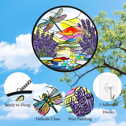 Lavender Dragonfly Suncatchers Stained Glass for Windows Hanging - 8 in UV Print Sun Catchers Indoor Window - Stain Glass Window Hanging for Gifts, Decor, Wall Art